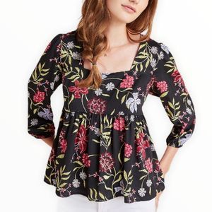 Dolan Dark Moody Floral Square Neck 3/4 Sleeve Top Blouse size Small Petite